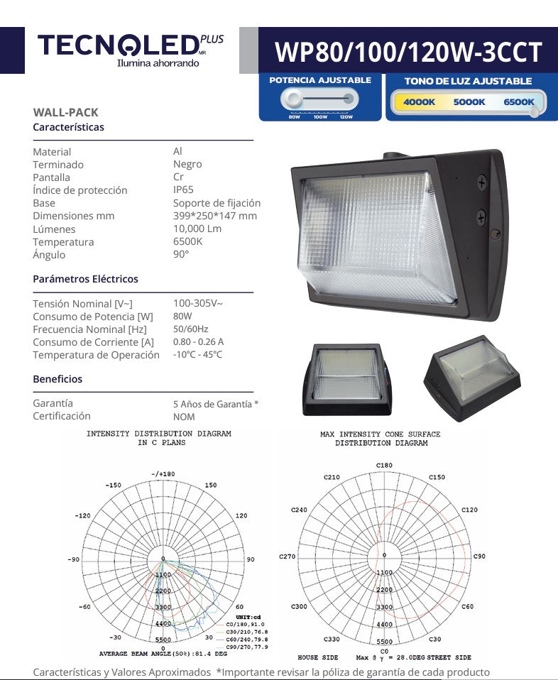 WALLPACK LED 80-100-120W 100-305V LUZ AJUSTABLE (CALIDA, NEUTRA Y BLANCA) PARA EXTERIOR 100-305V