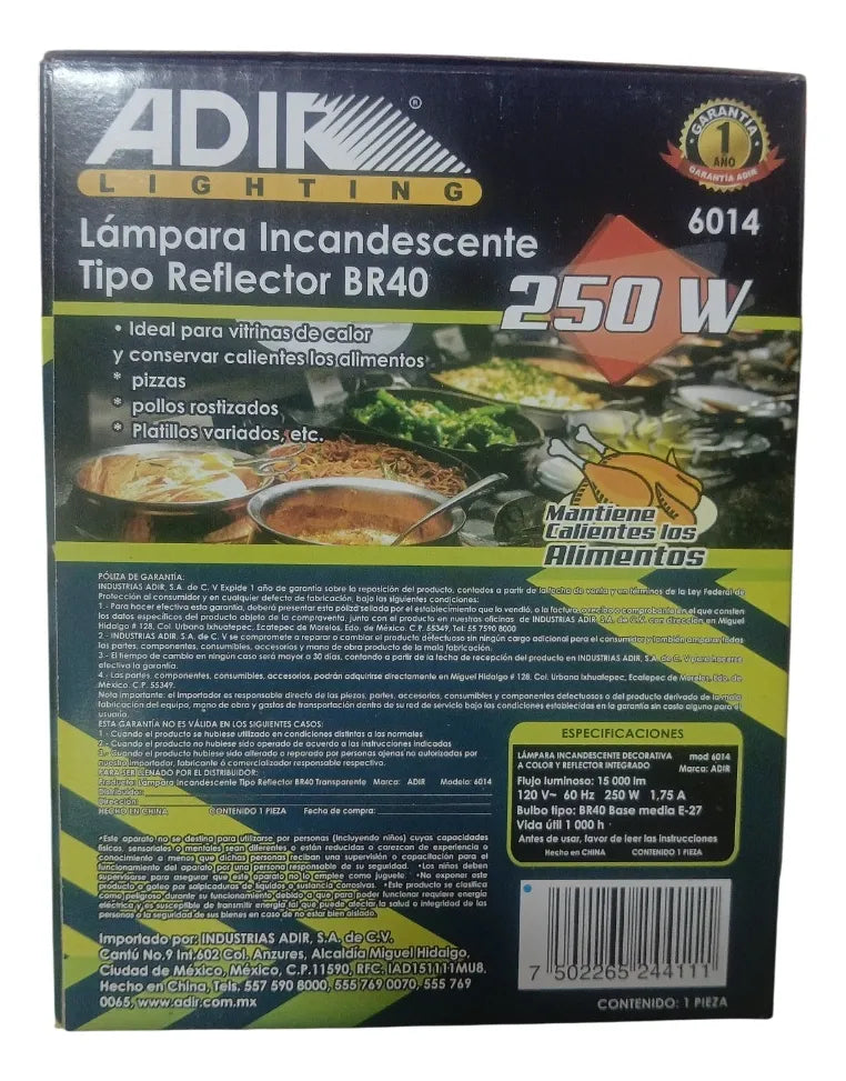 FOCO LAMPARA EMITE CALOR INCANDESCENTE BR40 250W INFRARROJA 6014 ADIR