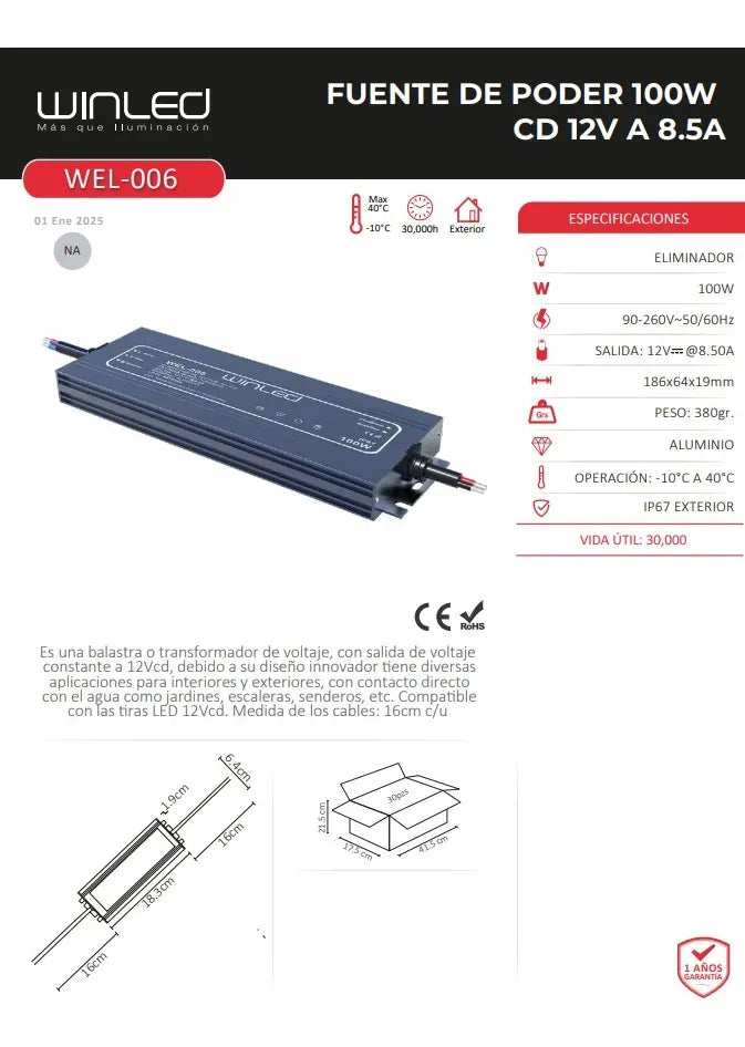 FUENTE DE PODER 12V 100W 8.3AMP PARA EXTERIOR IP67