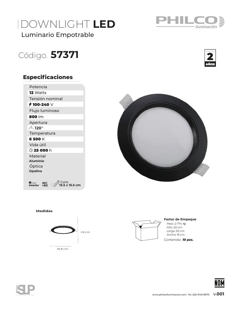 PANEL SPOT LED EMPOTRADO 12W 100-240V 6500K 800LM