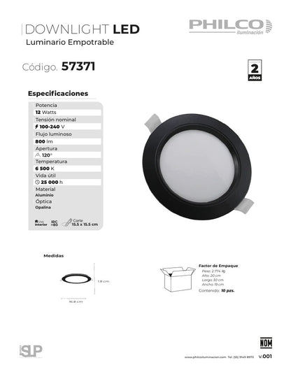 PANEL SPOT LED EMPOTRADO 12W 100-240V 6500K 800LM