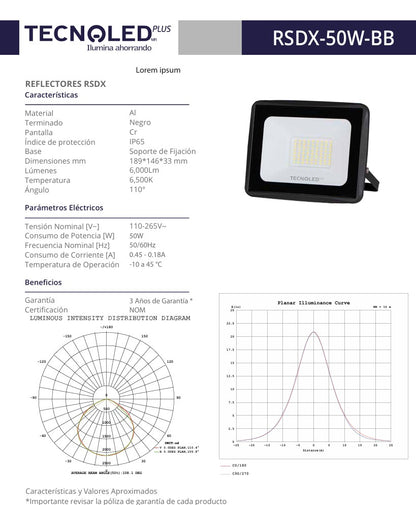 REFLECTOR LED PARA EXTERIOR TECNOLED 50W 6500K 6000LM 110-265V