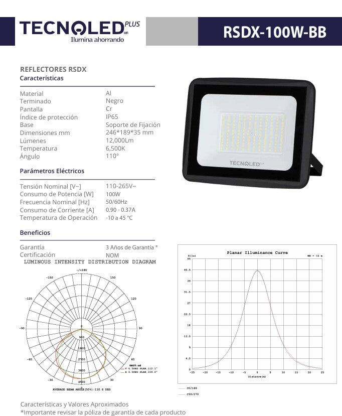 REFLECTOR LED PARA EXTERIOR TECNOLED 100W 6500K 12000LM 110-265V
