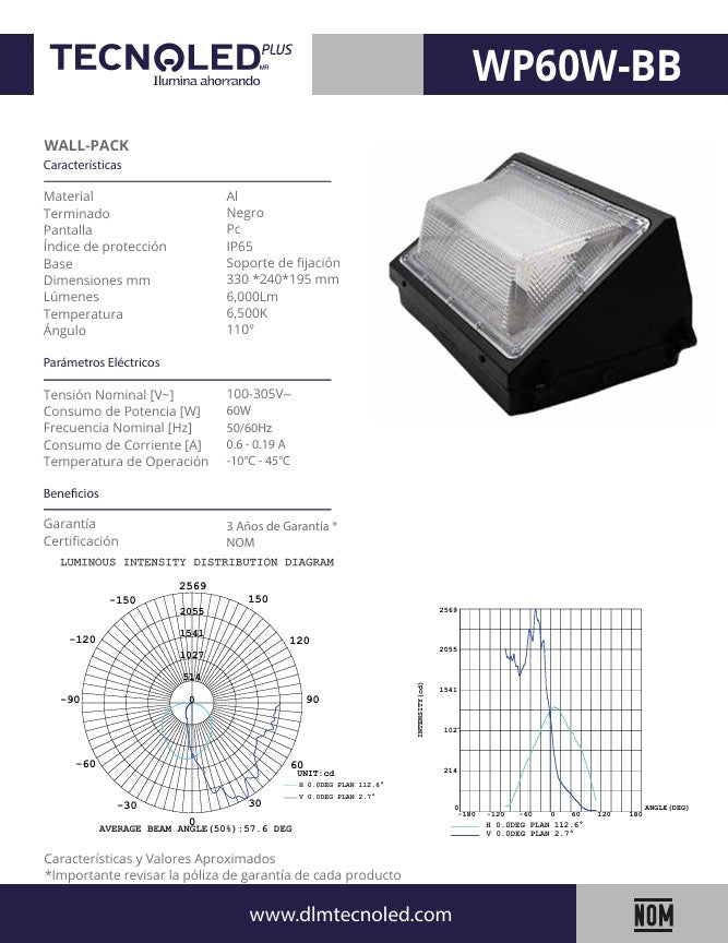 WALLPACK LED 60W 100-305V LUZ BLANCA PARA EXTERIOR 100-305V