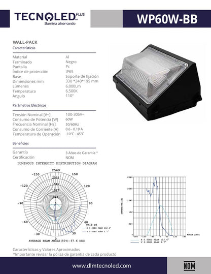 WALLPACK LED 60W 100-305V LUZ BLANCA PARA EXTERIOR 100-305V