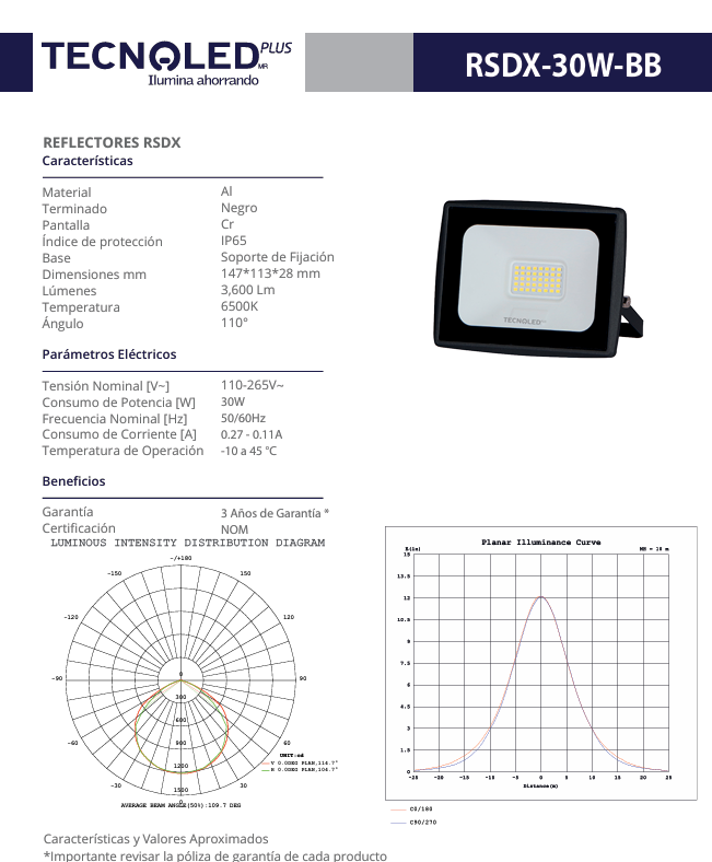 REFLECTOR LED PARA EXTERIOR TECNOLED 30W 6500K 3600LM 110-265V
