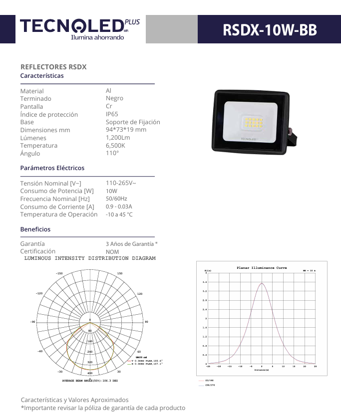 REFLECTOR LED PARA EXTERIOR TECNOLED 10W 6500K 1200LM 110-265V