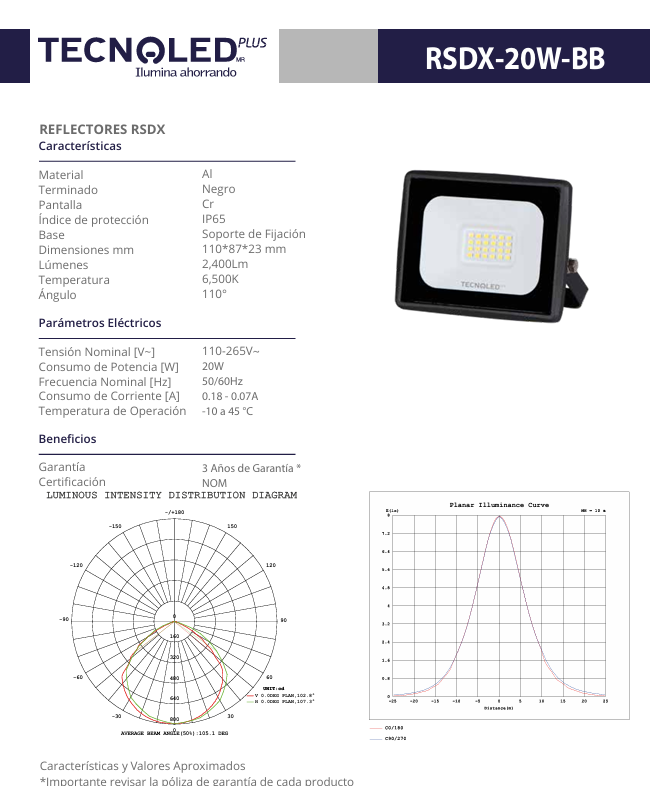 REFLECTOR LED PARA EXTERIOR TECNOLED 20W 6500K 2400LM 110-265V