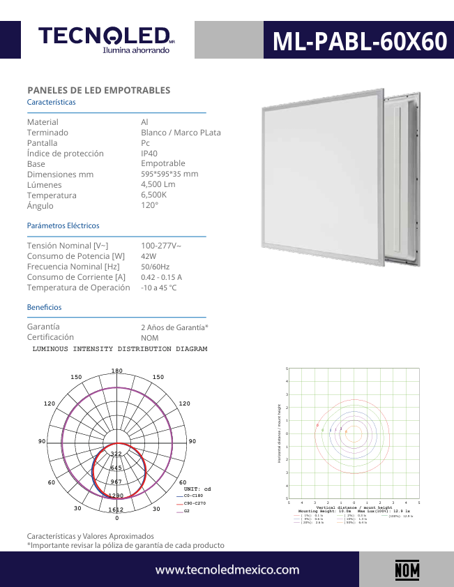 Panel Para Empotrar 60X60 Luz Blanca 6500K 4500LM 42W 100-277V