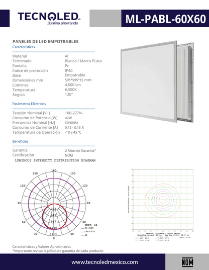 Panel Para Empotrar 60X60 Luz Blanca 6500K 4500LM 42W 100-277V