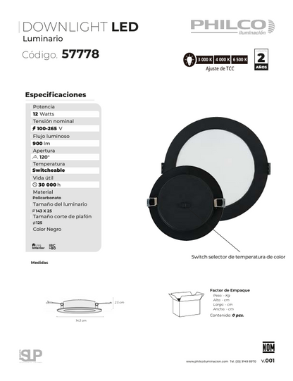 PANEL CIRCULAR TIPO SPOT LED 12W SWITCHABLE PARA PLAFON 100-265V