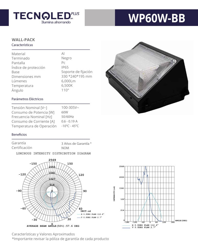 WALLPACK LED 60W 100-305V LUZ BLANCA PARA EXTERIOR 100-305V