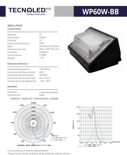 WALLPACK LED 60W 100-305V LUZ BLANCA PARA EXTERIOR 100-305V