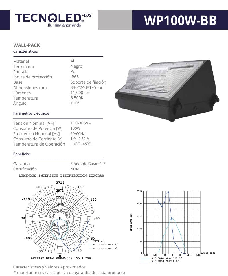 WALLPACK LED 100W 100-305V LUZ BLANCA PARA EXTERIOR 100-305V