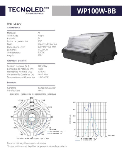 WALLPACK LED 100W 100-305V LUZ BLANCA PARA EXTERIOR 100-305V